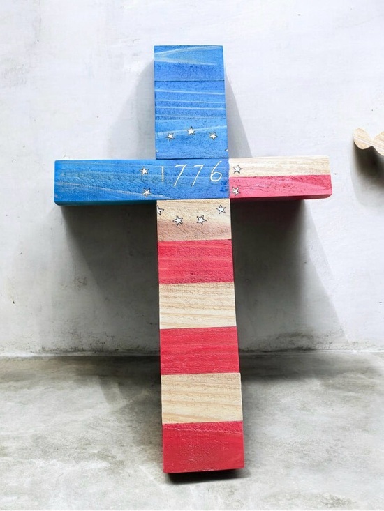 Handcrafted Other - Handcrafted by me Lighted Patriotic Cedar Wooden Cross Decor - Red, White & Blue